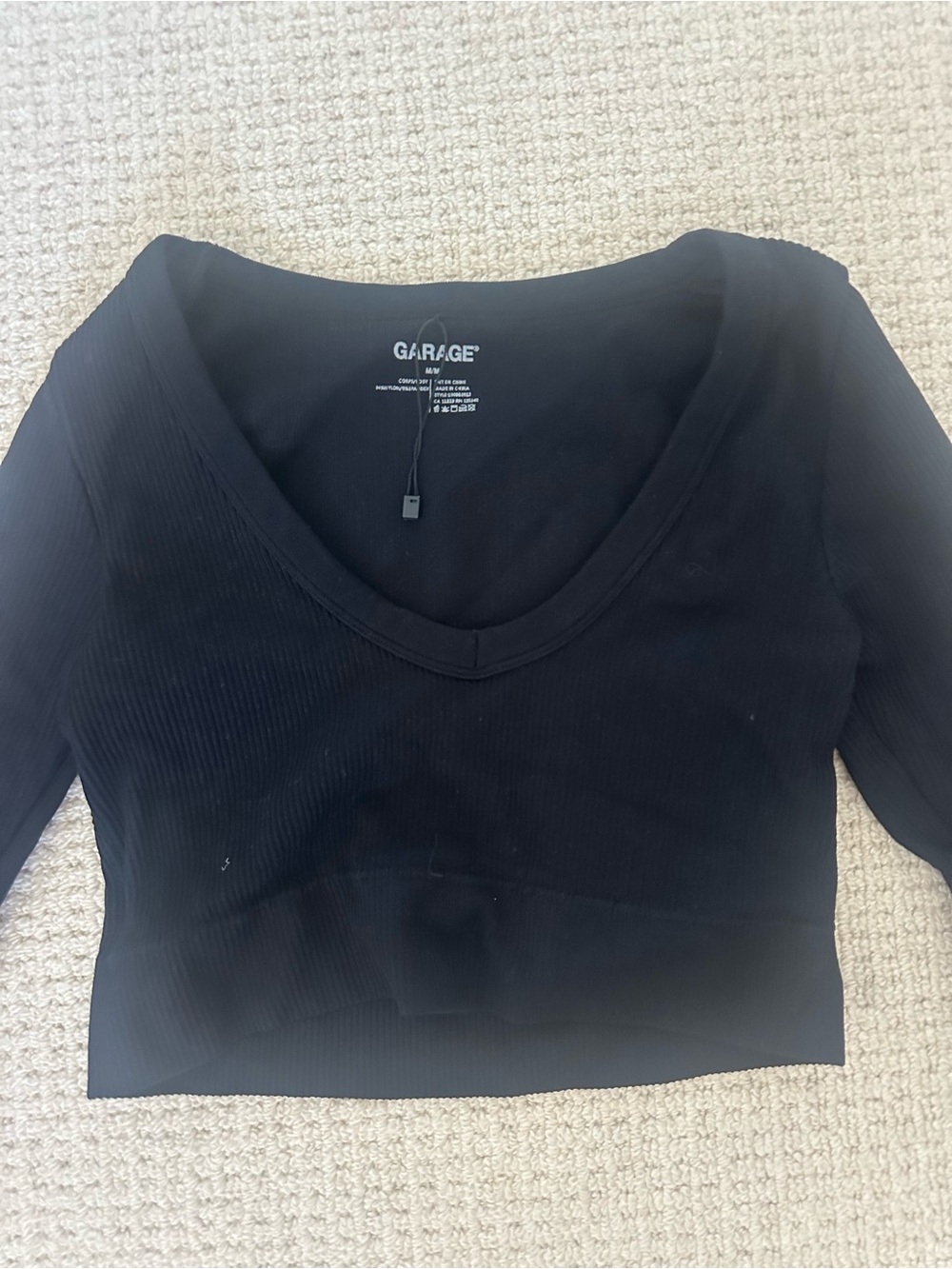 Garage Black Ribbed V-Neck Cropped Long Sleeve Top